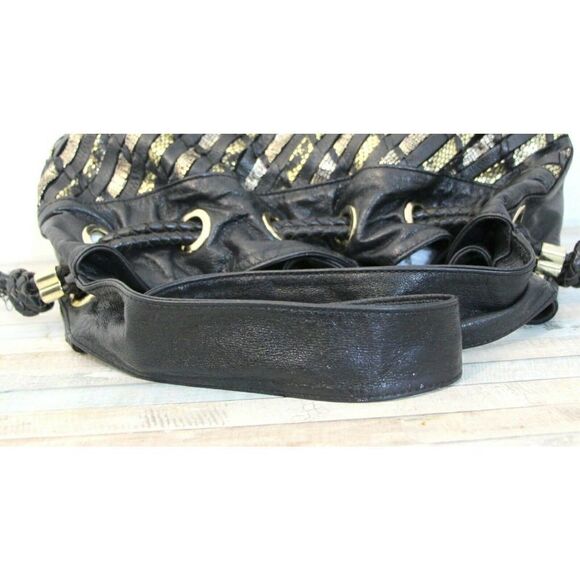 Elliott Lucca BLACK GOLD WOVEN GENUINE LEATHER DRAWSTRING SHOULDER BAG PURSE - Picture 6 of 11
